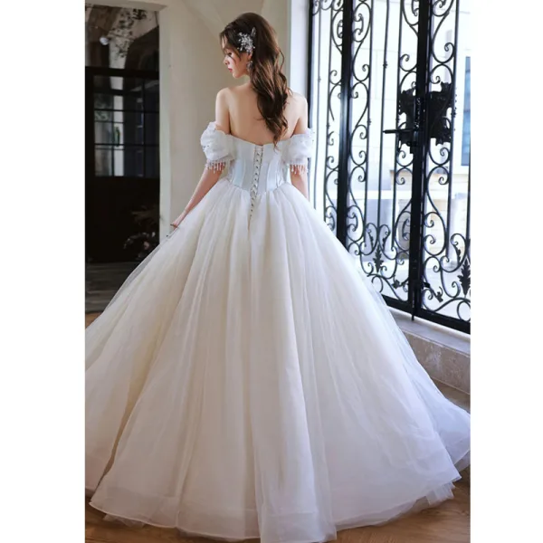 Charming Pearl White Rhinestone Wedding Dresses Prom Dresses 2022 Organza Ball Gown Off-The-Shoulder Short Sleeve Backless Floor-Length / Long Wedding