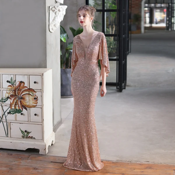 Sparkly Black Sequins Evening Dresses 2022 Trumpet / Mermaid Scoop Neck 1/2 Sleeves Floor-Length / Long Evening Party Formal Dresses