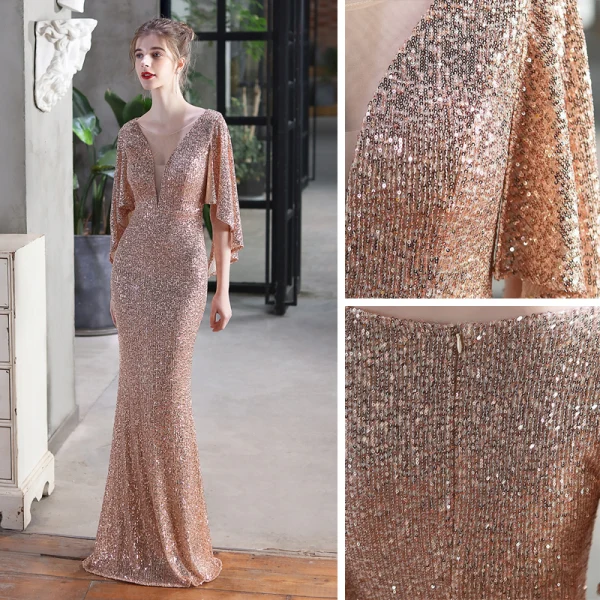 Sparkly Black Sequins Evening Dresses 2022 Trumpet / Mermaid Scoop Neck 1/2 Sleeves Floor-Length / Long Evening Party Formal Dresses