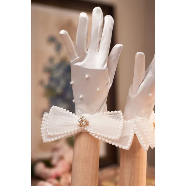 Vintage / Retro Ivory Pearl Bow Satin Bridal Gloves 2026 Wedding
