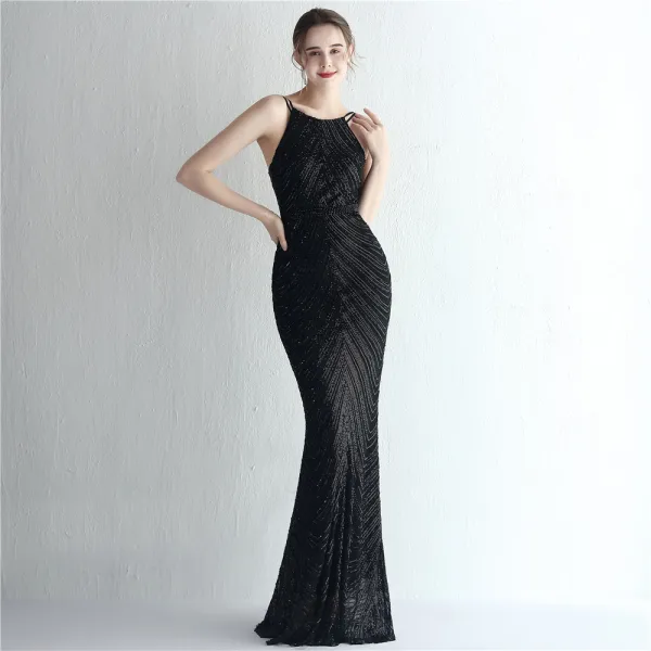 Sexy Burgundy Sequins Evening Dresses 2024 Trumpet / Mermaid Spaghetti Straps Sleeveless Backless Floor-Length / Long Evening Party Formal Dresses