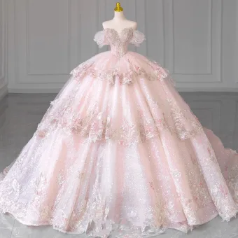 Charmant Rougissant Rose Perlage Faux Diamant Perle Paillettes En Dentelle Fleur Robe De Mariée 2024 Robe Boule De L Épaule Manches Courtes Dos Nu Royal Train Mariage