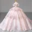 Charming Blushing Pink Beading Rhinestone Pearl Sequins Lace Flower Wedding Dresses 2024 Ball Gown Off-The-Shoulder Short Sleeve Backless Royal Train Wedding