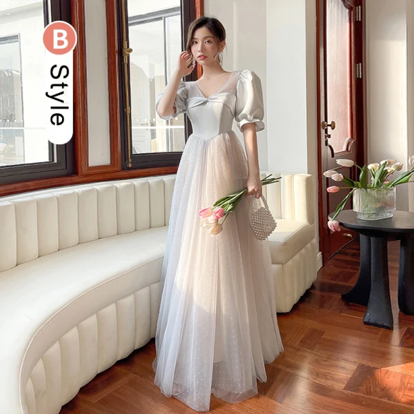 Modest / Simple Grey Spotted Bridesmaid Dresses 2022 A-Line / Princess Puffy Short Sleeve Backless Floor-Length / Long Bridesmaid Formal Dresses Bridesmaid Dresses