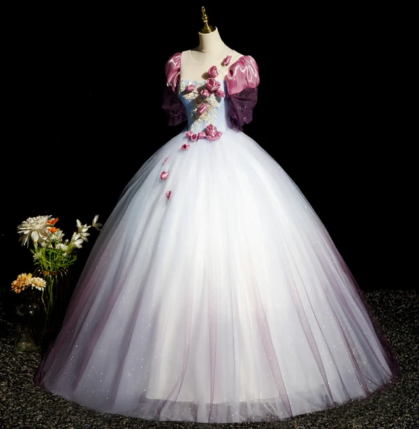Elegant Sky Blue Rhinestone Sequins Appliques Lace Flower Prom Dresses 2023 Ball Gown Scoop Neck Puffy Short Sleeve Backless Floor-Length / Long Formal Dresses
