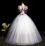 Elegant Sky Blue Rhinestone Sequins Appliques Lace Flower Prom Dresses 2023 Ball Gown Scoop Neck Puffy Short Sleeve Backless Floor-Length / Long Formal Dresses