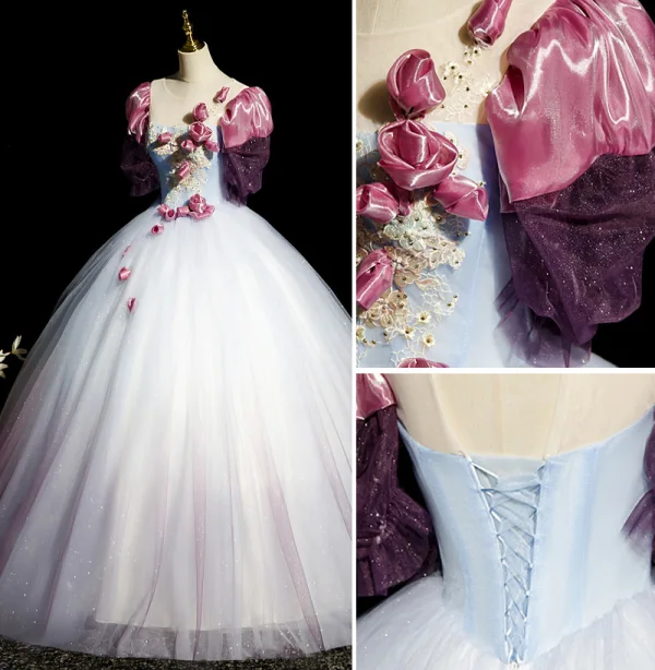 Elegant Sky Blue Rhinestone Sequins Appliques Lace Flower Prom Dresses 2023 Ball Gown Scoop Neck Puffy Short Sleeve Backless Floor-Length / Long Formal Dresses