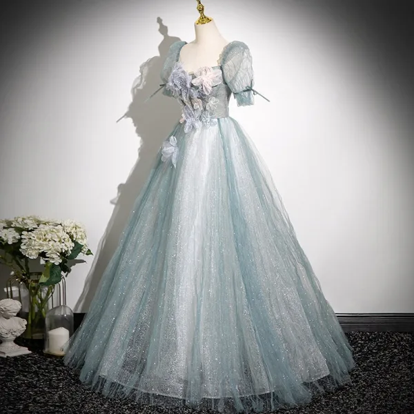 Chic / Beautiful Sky Blue Beading Appliques Prom Dresses 2025 Ball Gown Square Neckline Short Sleeve Backless Floor-Length / Long Formal Dresses
