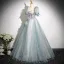 Chic / Beautiful Sky Blue Beading Appliques Prom Dresses 2025 Ball Gown Square Neckline Short Sleeve Backless Floor-Length / Long Formal Dresses