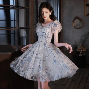 Charming Grey Beading Sequins Party Dresses 2022 A Line Princess V Neck Short Sleeve Backless Knee Length Formal Dresses