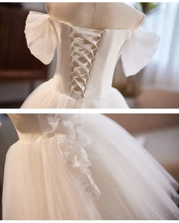 Chic / Belle Blanche Paillettes Appliques Robe De Mariée Courte 2024 Robe Boule De l'épaule Manches Courtes Dos Nu Tulle Mariage