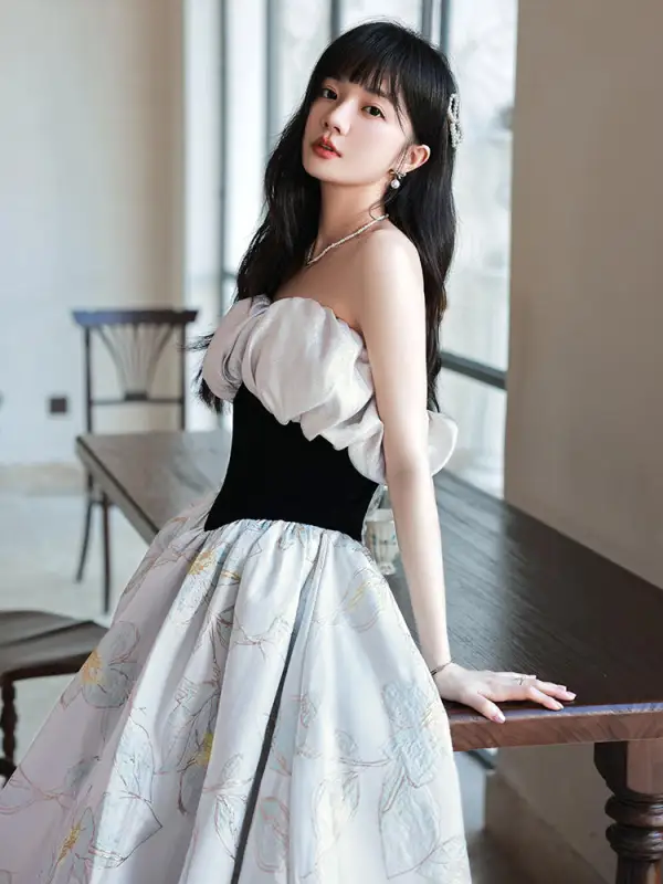 Charming Grey Floral Evening Dresses 2022 A-Line / Princess Off-The-Shoulder Sleeveless Backless Floor-Length / Long Evening Party Formal Dresses