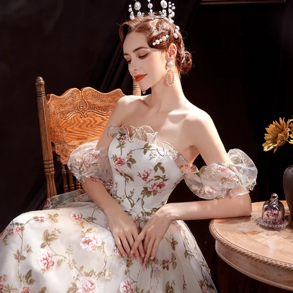 Flower Fairy White Floral Prom Dresses 2023 A-Line / Princess Off-The-Shoulder Short Sleeve Backless Floor-Length / Long Prom Formal Dresses