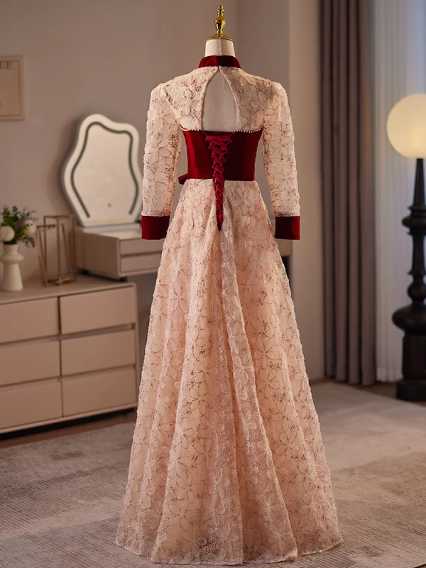 Chinese style Burgundy Pearl Flower Bow Prom Dresses 2024 A-Line / Princess High Neck 3/4 Sleeve Backless Floor-Length / Long Prom Formal Dresses