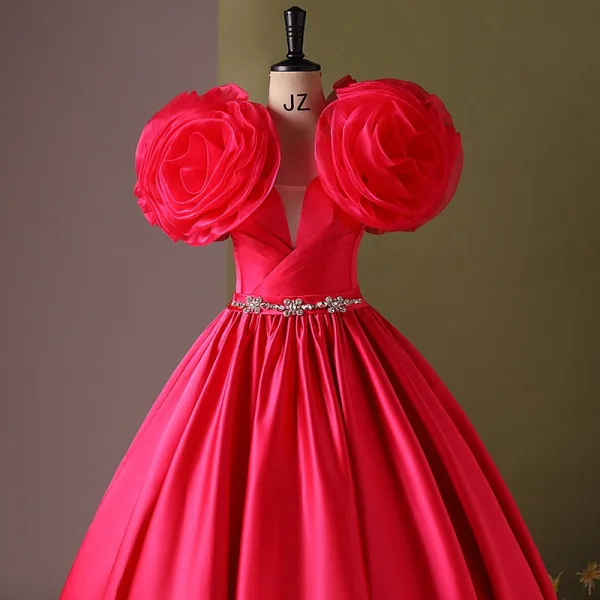 Medieval Fuchsia Rhinestone Appliques Prom Dresses 2024 Satin Ball Gown Scoop Neck Sleeveless Backless Floor-Length / Long Prom Formal Dresses