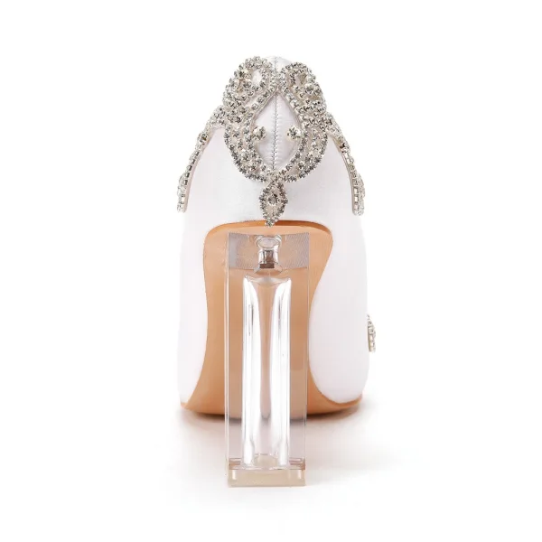 Mode Vita Rhinestone Brudskor 2022 9 cm Kristall Tjocka Klackar Spetsiga Bröllop Pumps Högklackade