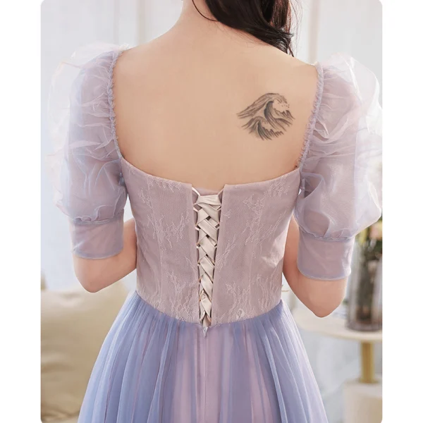Elegant Purple Lace Flower Bridesmaid Dresses 2022 A-Line / Princess Beading Pearl Sequins Short Sleeve Backless Floor-Length / Long Bridesmaid Wedding Party Dresses