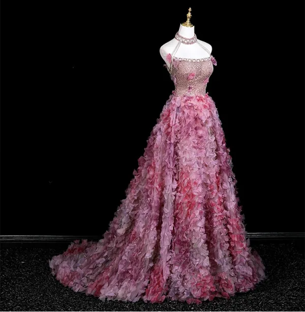 Blumenfee Rosa Strass Pailletten Applikationen Ballkleider 2025 A Linie Stehkragen Ärmellos Rückenfreies Sweep / Pinsel Zug Festliche Kleider