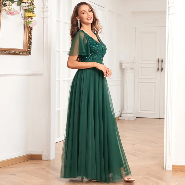 Simple Vert Foncé Paillettes Robe De Bal 2024 Princesse V-Cou Manches Courtes Dos Nu Longue Promo Robe De Ceremonie