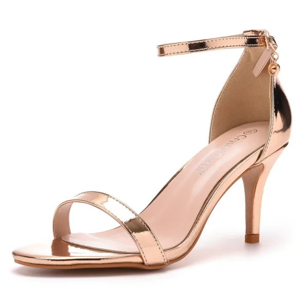 Sexy Gold Abend Sandalen Damen 2023 Knöchelriemen 7 cm Stilettos Peeptoes Sandaletten Hochhackige