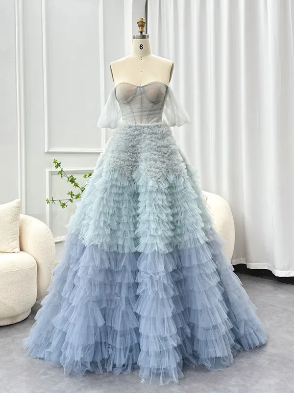 Charming Sky Blue Pleated Prom Dresses 2025 A-Line / Princess Strapless Sleeveless Backless Floor-Length / Long Formal Dresses