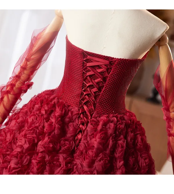 Blumenfee Burgunderrot Strass Applikationen Ballkleider 2025 Ballkleid Bandeau Ärmellos Lange Festliche Kleider
