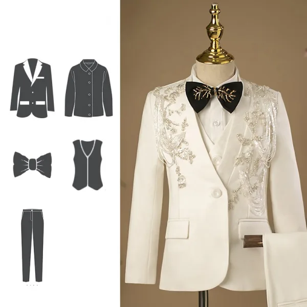 Weiß Handgefertigt Perlenstickerei Satin Lange Ärmel 5 Stück Anzüge Jungs 2025 Hochzeit Mantel Hose Hemd Krawatte Weste