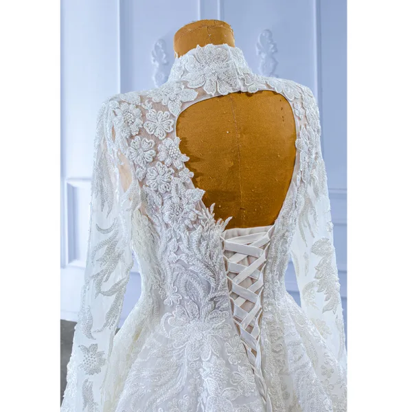 High-end White Beading Lace Flower Wedding Dresses 2022 Ball Gown High Neck Long Sleeve Backless Floor-Length / Long Wedding