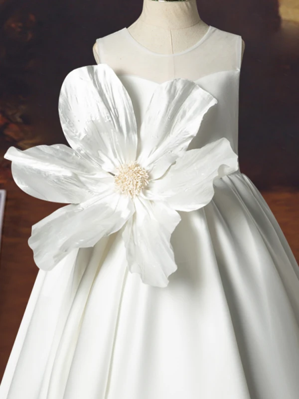 Chic / Beautiful White Birthday Appliques Flower Girl Dresses 2023 A-Line / Princess Scoop Neck Sleeveless Backless Floor-Length / Long
