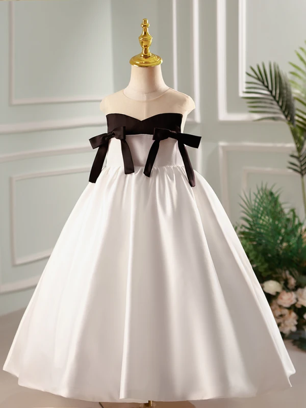 Chic / Beautiful Black Bow Birthday Flower Girl Dresses 2023 Ball Gown Scoop Neck Sleeveless Backless Floor-Length / Long