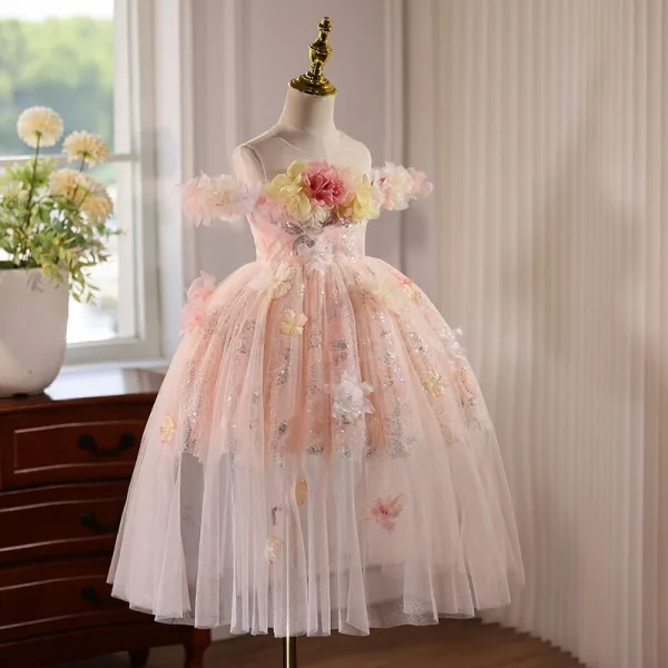 Flower Fairy Blushing Pink Appliques Sequins Birthday Tea-length Flower Girl Dresses 2025 Ball Gown Scoop Neck Short Sleeve