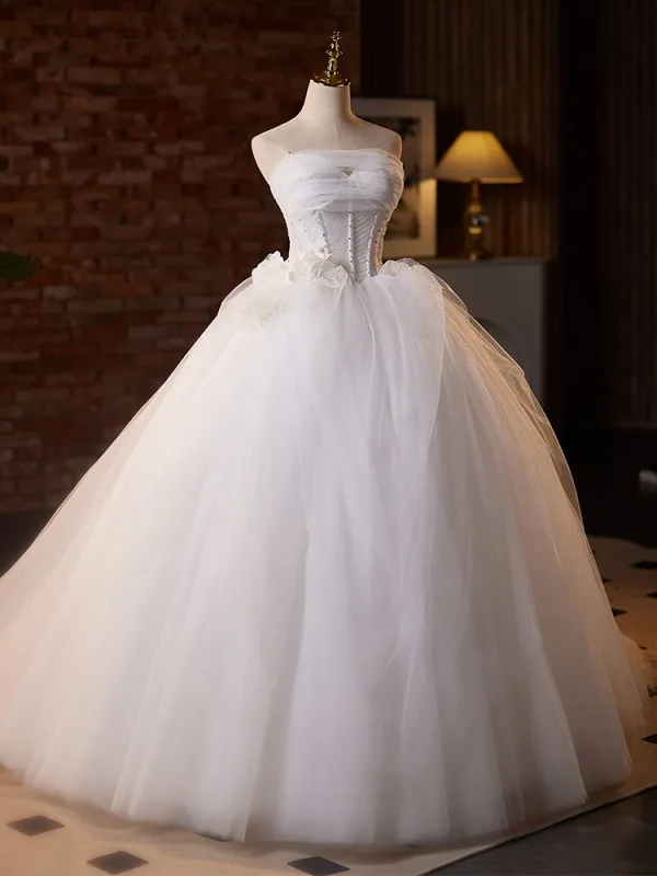 Elegante Weiß Applikationen Brautkleider / Hochzeitskleider 2025 Ballkleid Bandeau Ärmellos Rückenfreies Sweep / Pinsel Zug Hochzeit