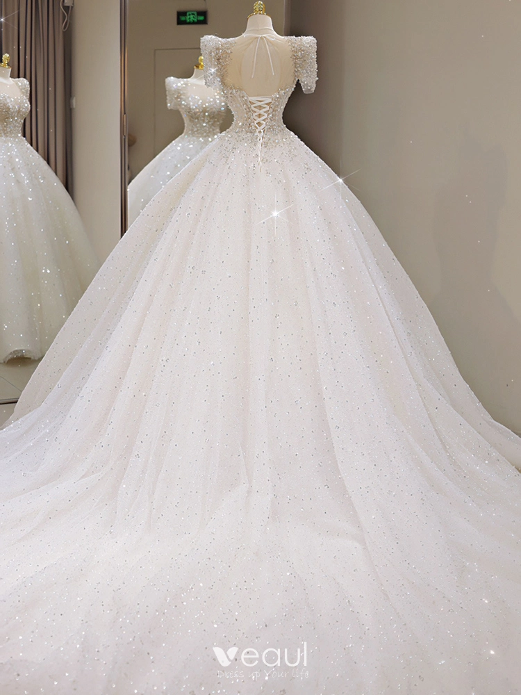 Charming White Beading Sequins Court Train Wedding Dresses 2024 Ball