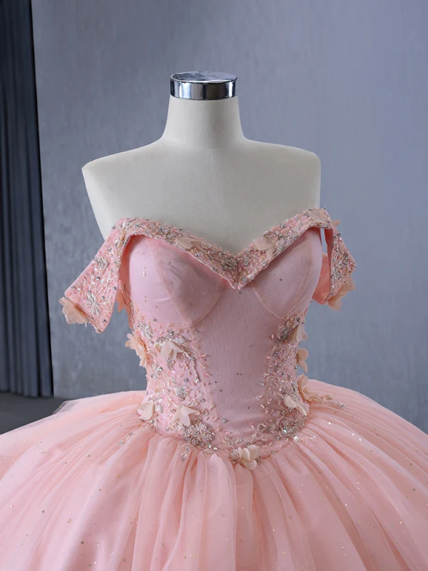 Luxury / Gorgeous Blushing Pink Handmade  Beading Rhinestone Appliques Wedding Dresses 2024 Ball Gown Off-The-Shoulder Short Sleeve Backless Court Train Wedding