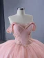 Luxury / Gorgeous Blushing Pink Handmade  Beading Rhinestone Appliques Wedding Dresses 2024 Ball Gown Off-The-Shoulder Short Sleeve Backless Court Train Wedding