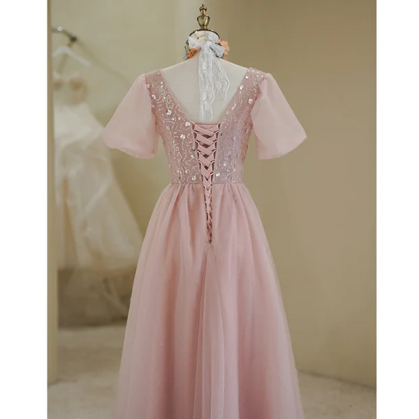 Élégant Rougissant Rose Paillettes Robe De Bal 2022 Princesse V-Cou Manches Courtes Dos Nu Longue Promo Robe De Ceremonie