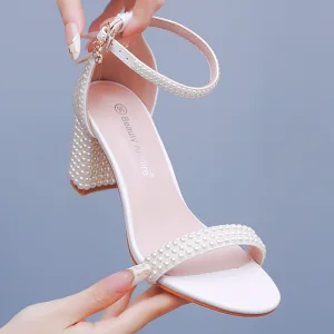 Elegant White Pearl Wedding Shoes 2024 7 Cm Thick Heels Ankle Strap Open Peep Toe Wedding Sandals High Heels