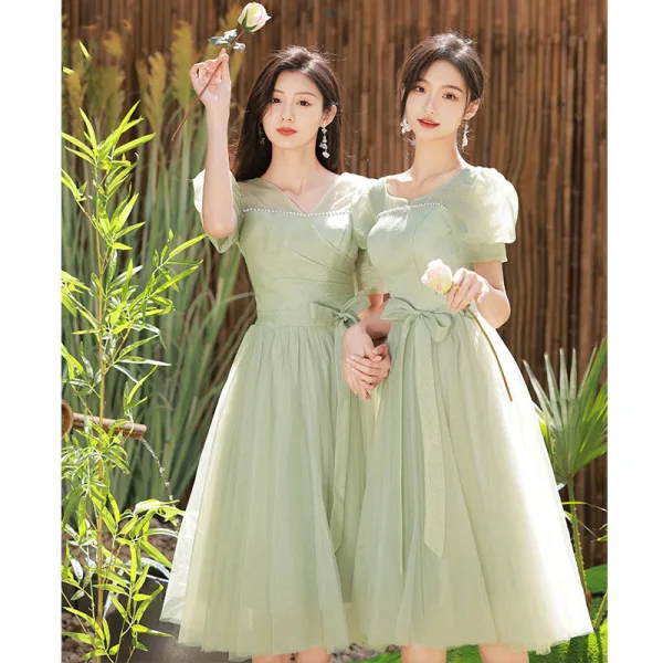 cap sleeve tea length bridesmaid dress Short Sleeves Chiffon V Neck Knee Length Bridesmaid Dresses