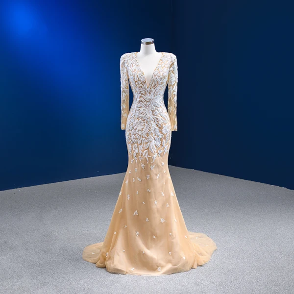 Luxury / Gorgeous Champagne Beading Sequins Lace Flower Evening Dresses 2023 Trumpet / Mermaid Deep V-Neck Long Sleeve Backless Court Train Evening Party Formal Dresses