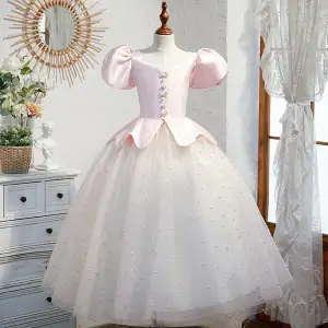 Lovely Blushing Pink Sequins Birthday Flower Girl Dresses 2022 Ball Gown Square Neckline Puffy Short Sleeve Backless Pearl Rhinestone Floor Length Long Flower Girl Dresses