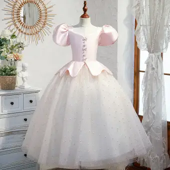 Charmant Rougissant Rose Paillettes Anniversaire Robe Ceremonie Fille 2022 Robe Boule Encolure Carrée Gonflée Manches Courtes Dos Nu Perle Faux Diamant Longue Robe Ceremonie Fille