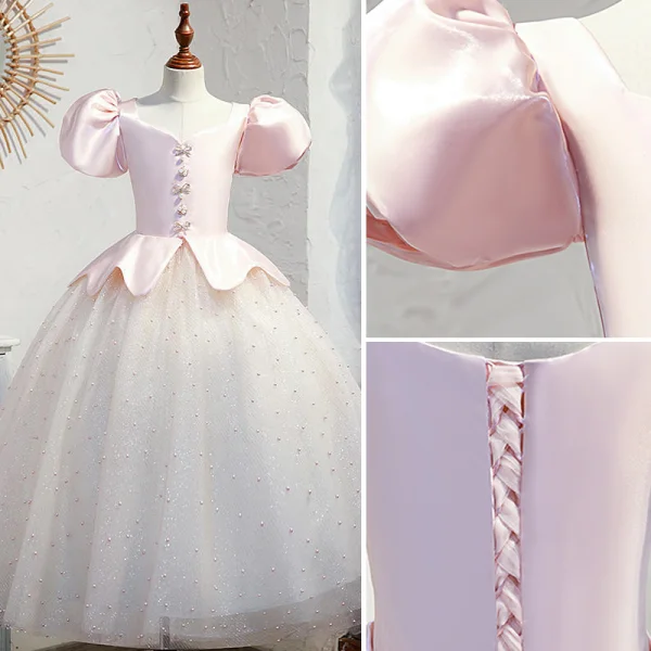 Charmant Rougissant Rose Paillettes Anniversaire Robe Ceremonie Fille 2022 Robe Boule Encolure Carrée Gonflée Manches Courtes Dos Nu Perle Faux Diamant Longue Robe Ceremonie Fille
