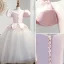 Charmant Rougissant Rose Paillettes Anniversaire Robe Ceremonie Fille 2022 Robe Boule Encolure Carrée Gonflée Manches Courtes Dos Nu Perle Faux Diamant Longue Robe Ceremonie Fille