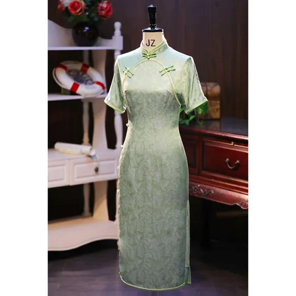 Chinese style Sage Green Pearl Printing Silk Prom Cheongsam 2024 Trumpet / Mermaid High Neck Short Sleeve Tea-length