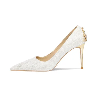 Fabulous Ivory Leather Rhinestone Sequins Lace Flower Wedding Shoes 2022 8 Cm Stiletto Heels Pointed Toe Wedding Pumps High Heels