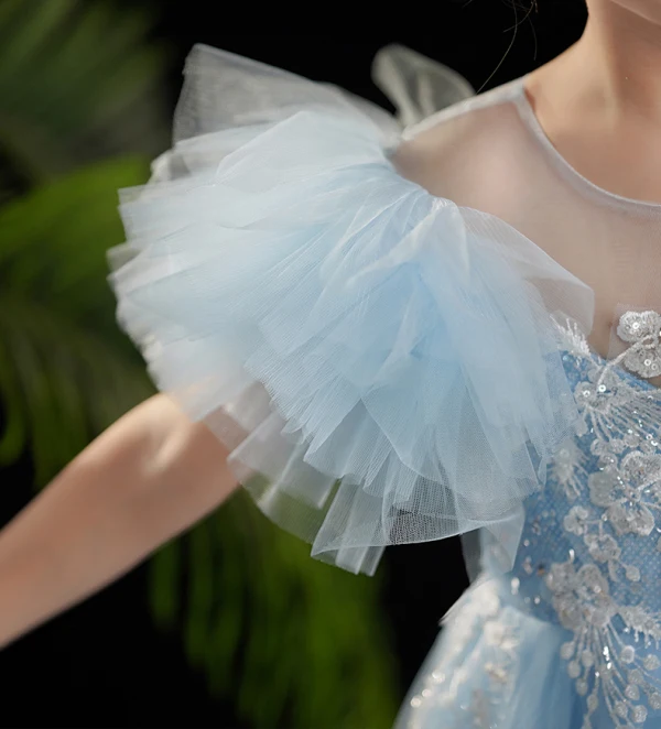 Fashion Sky Blue Sequins Lace Flower Ruffle Birthday Flower Girl Dresses 2024 Ball Gown Scoop Neck Short Sleeve Floor-Length / Long