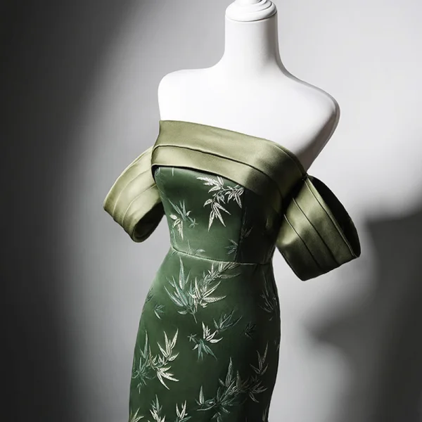 Chinese style Clover Green Printing Prom Cheongsam 2024 Trumpet / Mermaid Off-The-Shoulder Short Sleeve Backless Floor-Length / Long