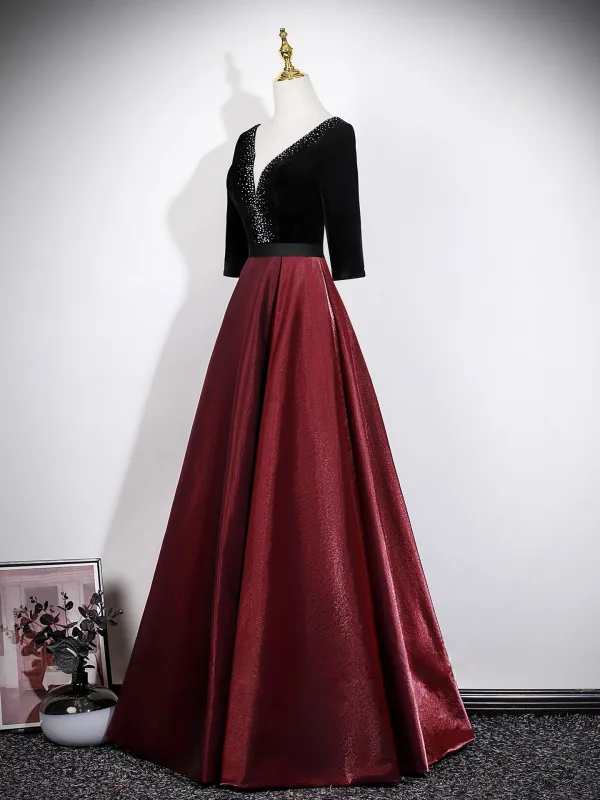 Vintage / Originale Bordeaux Robe De Bal 2026 Princesse V-Cou 3/4 Manches Dos Nu Longue
