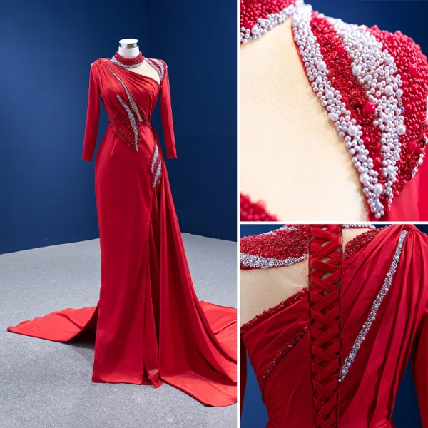 High-end Red Beading Pearl Sequins Evening Dresses Trumpet / Mermaid 2022 High Neck Long Sleeve Court Train Evening Party Formal Dresses