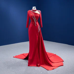 Haut De Gamme Rouge Perlage Perle Paillettes Robe De Soirée Trompette Sirène 2022 Col Haut Manches Longues Tribunal Train Soirée Robe De Ceremonie